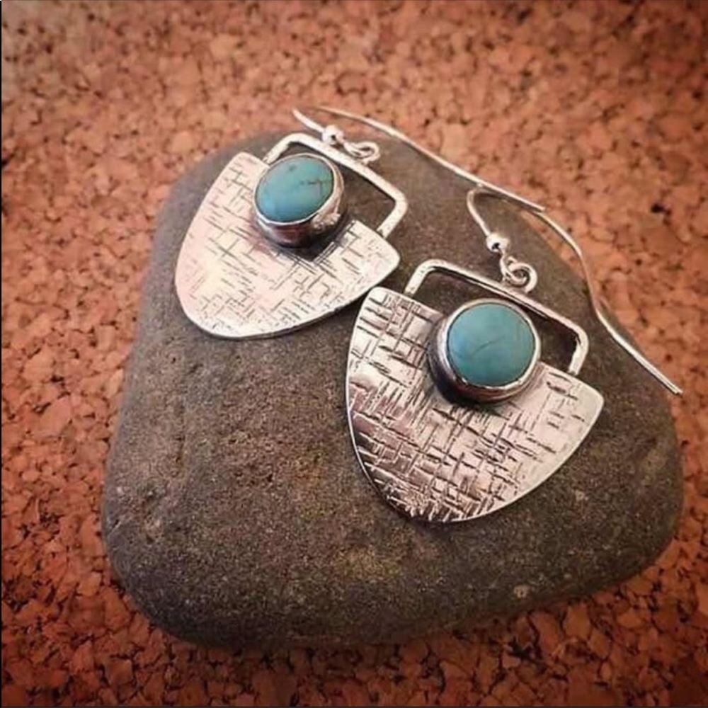 Silver Boho Style 1/2 Circle Turquoise Earrings - Picture 2 of 3